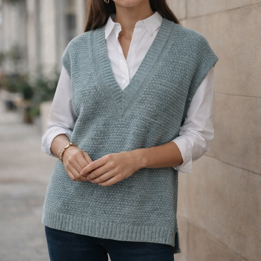 J Jill Womens Sweater Vest Petite XL Blue Spruce V Neck Knit Sleeveless NWT